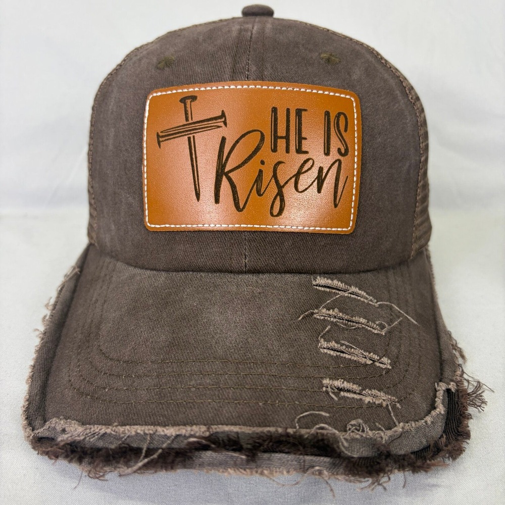 He Is Risen Christian Easter Cross Distressed Trucker Hat Snapback Patch Cap